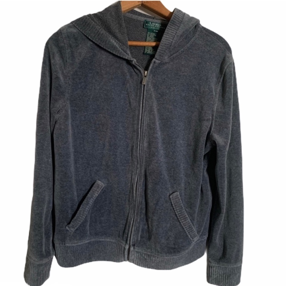 Lauren Ralph Lauren Velour Cotton Dark Gray Zip Up Hoodie Size Petite Small